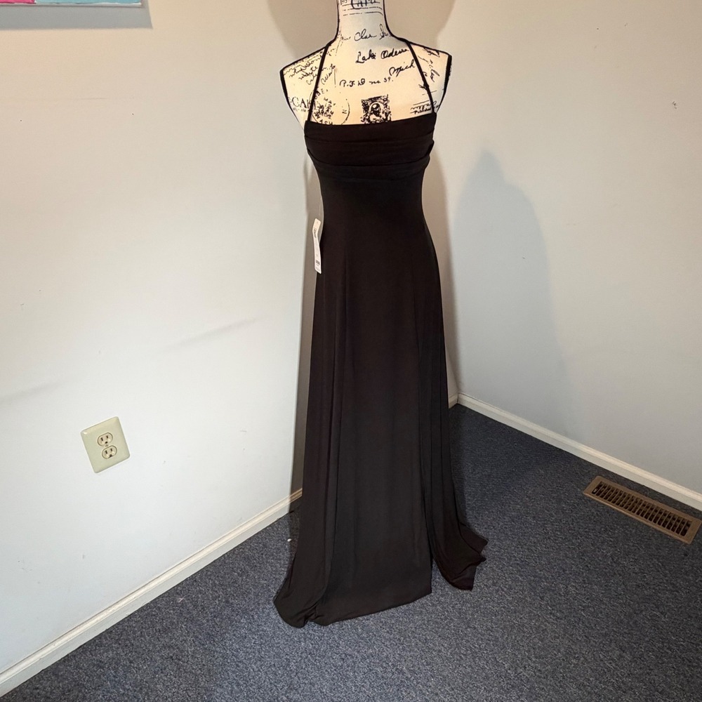 Azazie Aubrianna Black Halter Neck Maxi Gown Open Back Tie Formal Dress A4 NEW